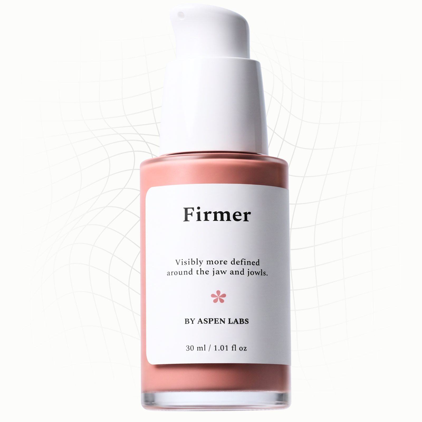 Firmer serum bottle surrounded by fresh strawberries, blueberries, aloe and ginkgo